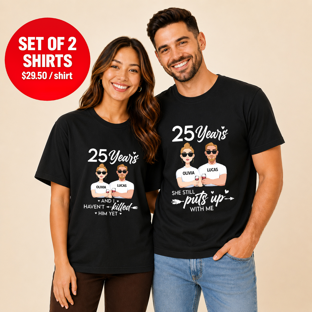 25 Years She Still Puts Up With Me Name Couple T Shirt