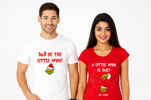 A little Who is Due Grincmas Pregnancy Announcement Christmas Couple T Shirt