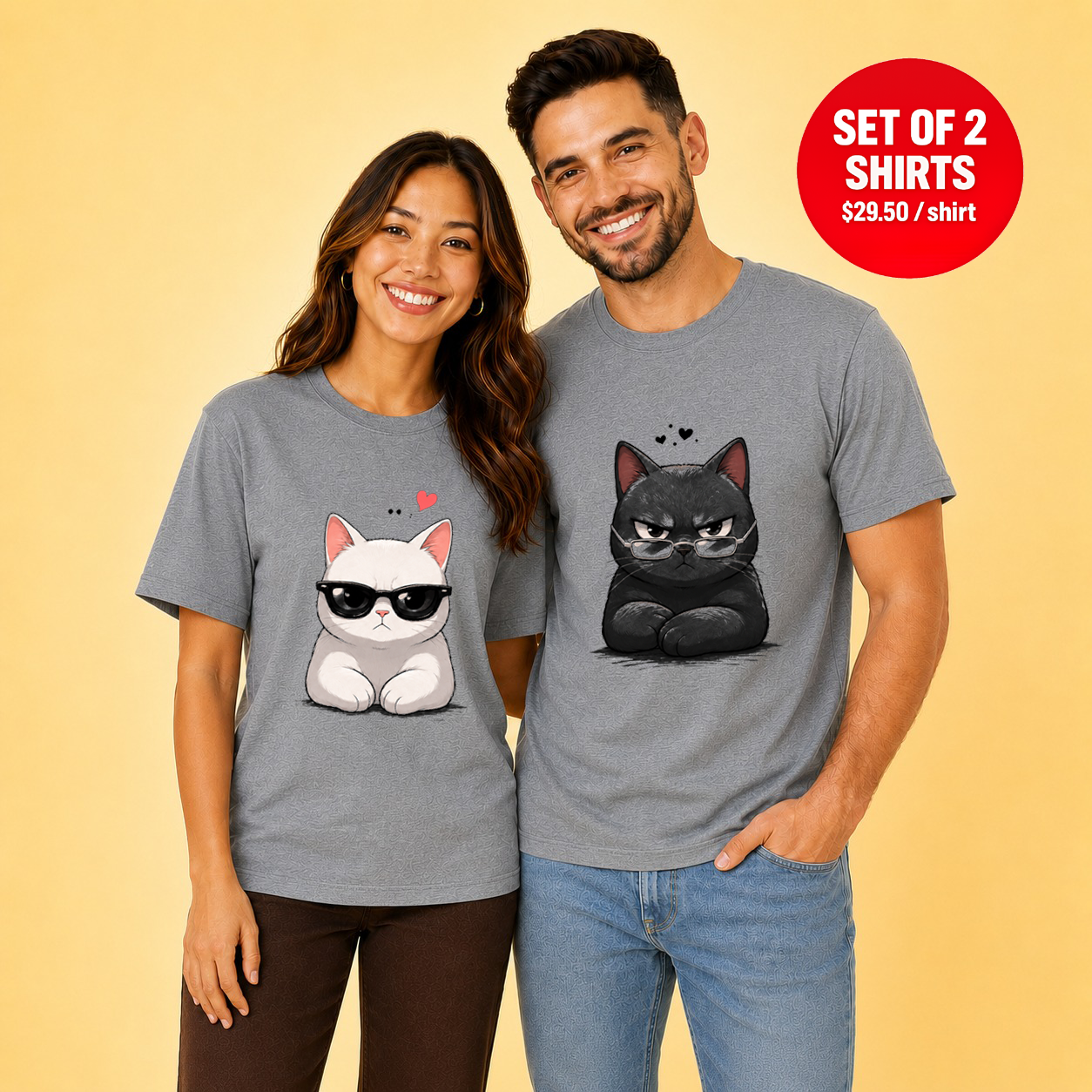 Black And White Cats With Glasses Couple Matching T-Shirts