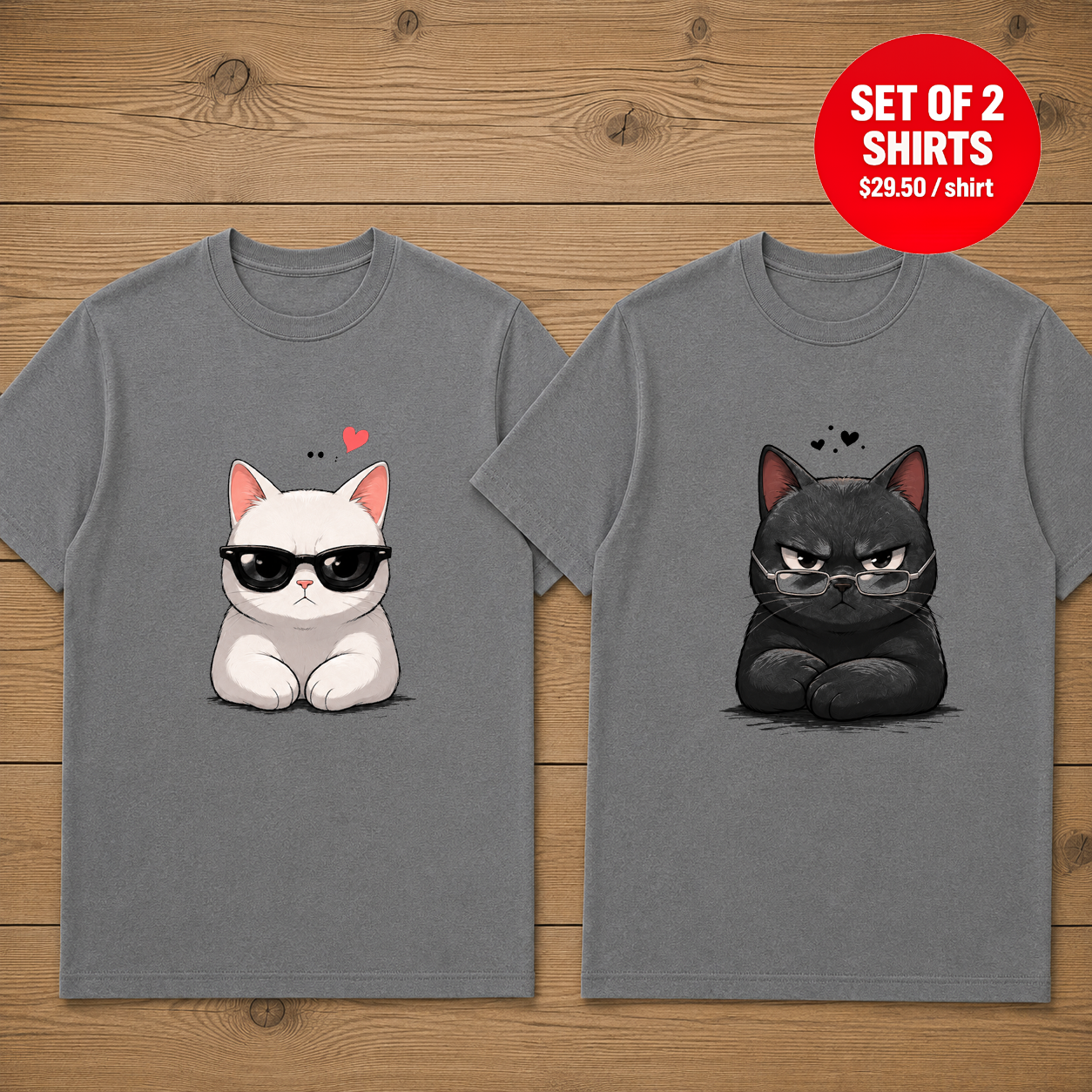 Black And White Cats With Glasses Couple Matching T-Shirts