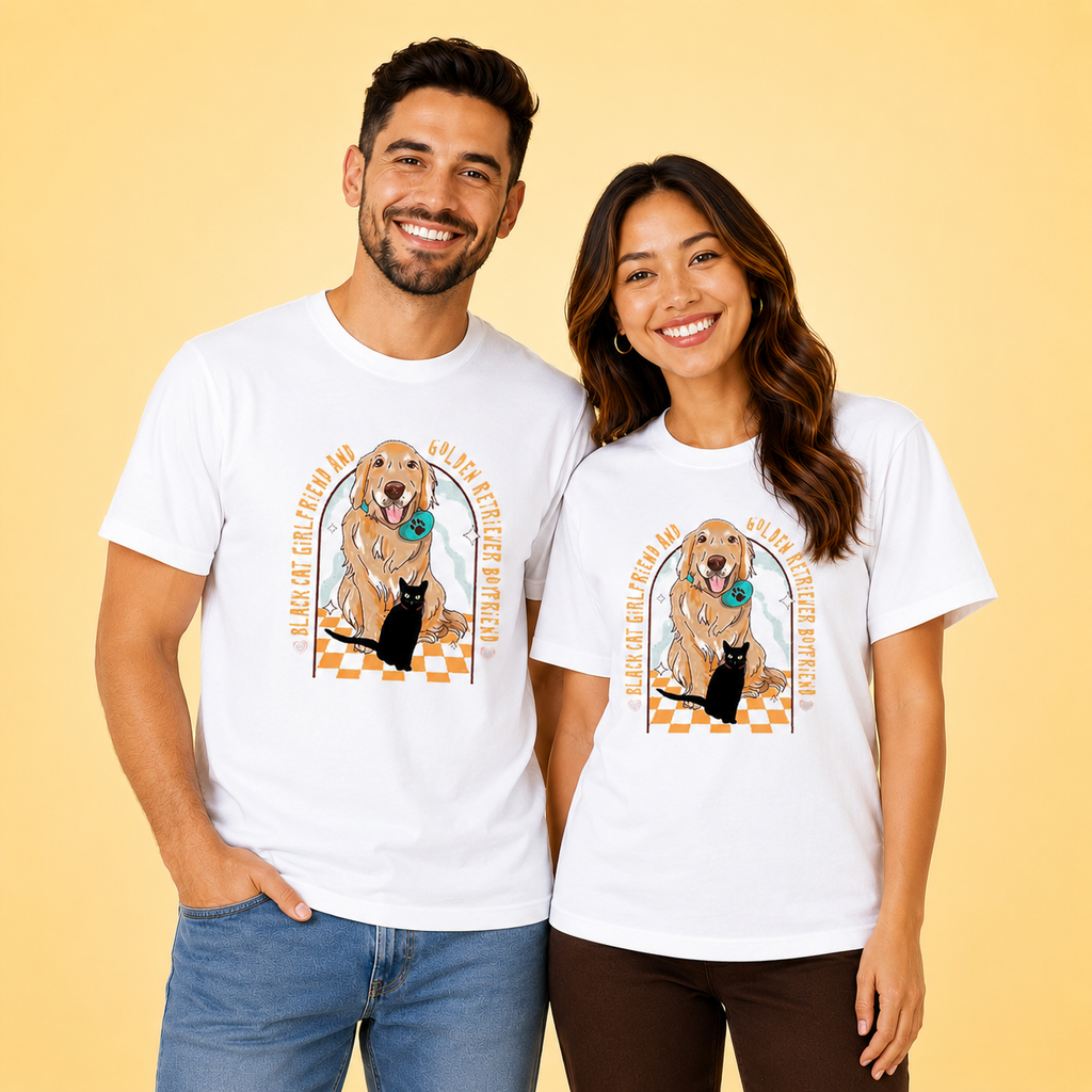 Black Cat Girlfriend And Golden Retriever Boyfriend Couple T Shirt
