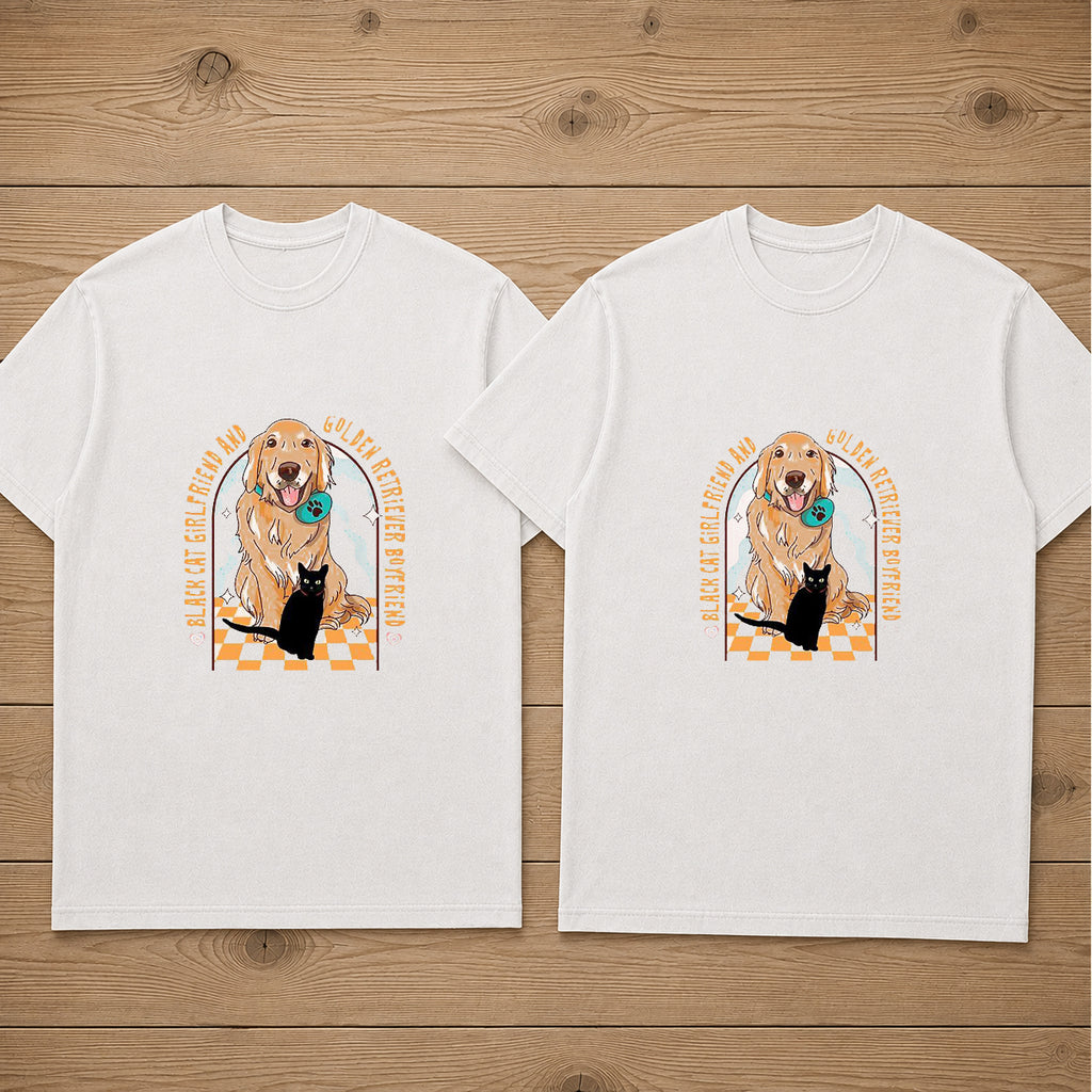 Black Cat Girlfriend And Golden Retriever Boyfriend Couple T Shirt