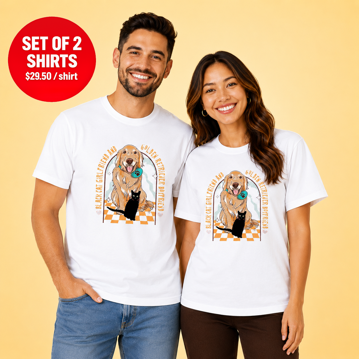 Black Cat Girlfriend And Golden Retriever Boyfriend Couple T Shirt