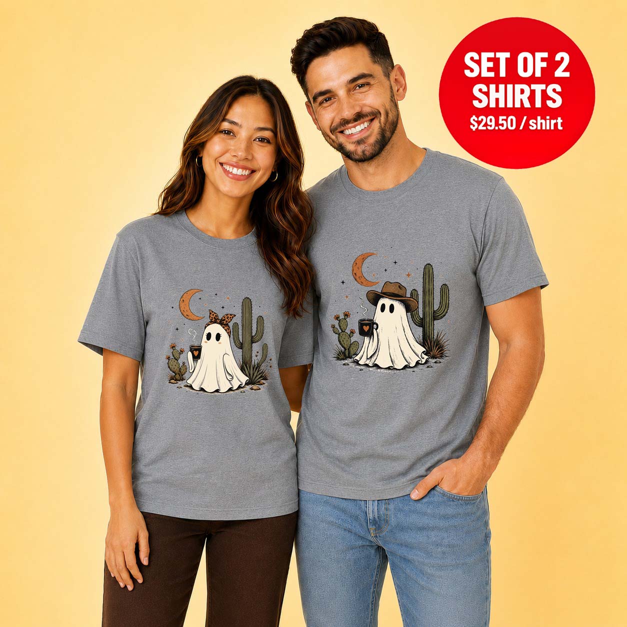 Crescent moon Cactus Ghost Couple Matching T-Shirt