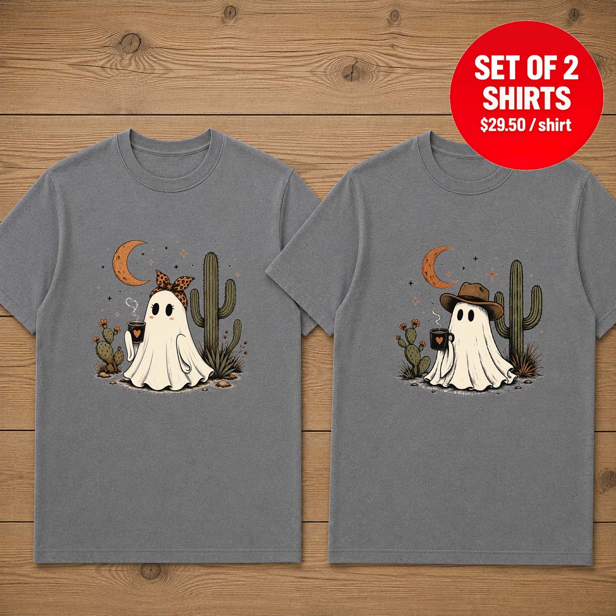Crescent moon Cactus Ghost Couple Matching T-Shirt