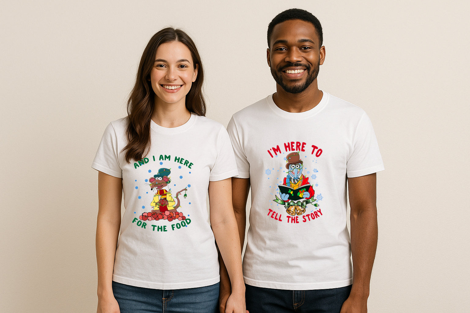 Gonzo And Rizzo the Rat Muppet Christmas Carol I'm Here To Tell The Story And I Am here for the food Couple Matching Christmas Outfits T-Shirt