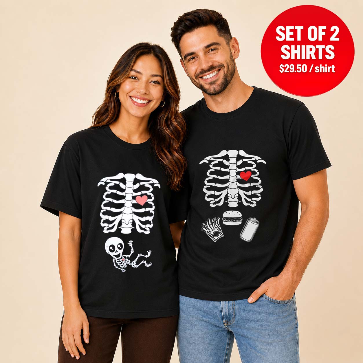 Halloween Skeleton Xray Maternity Couple Matching T-shirt