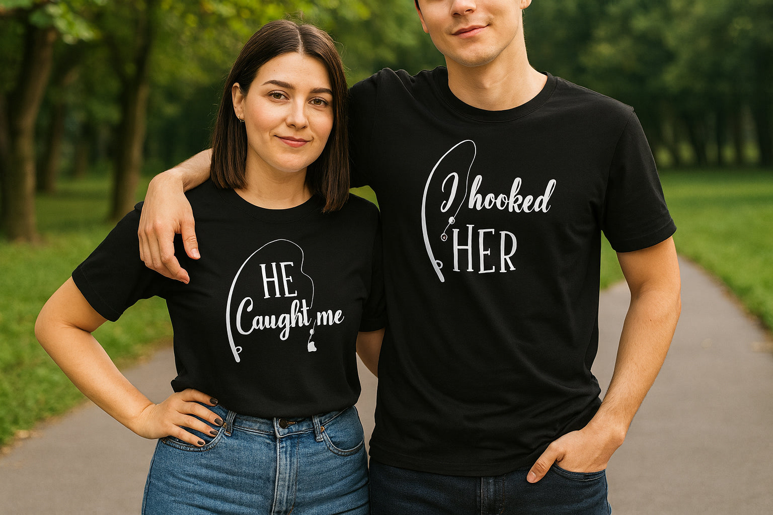 He Caught Me Hooked Her Couple T-Shirt