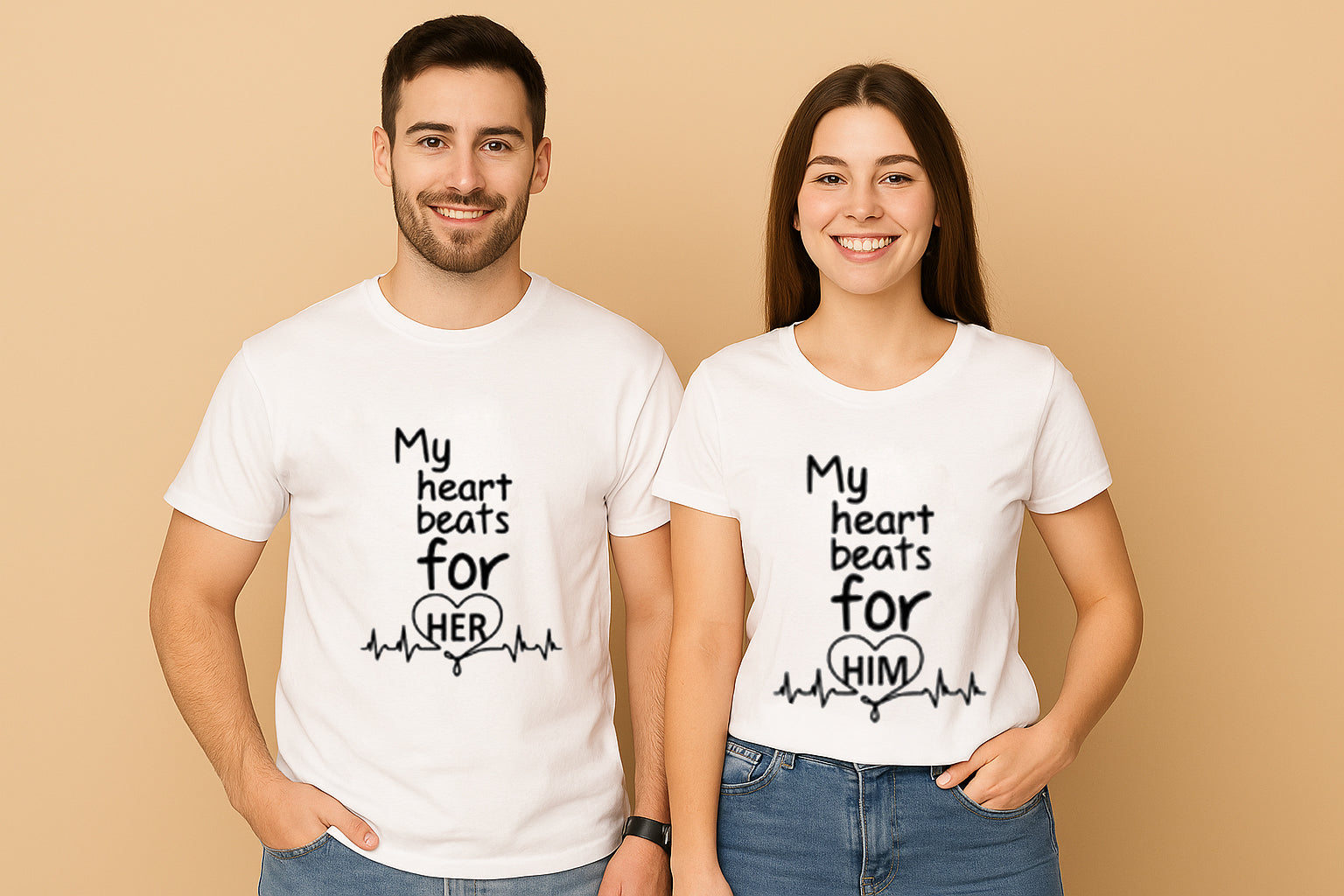Heart Beats For Her Heart Beats For Him Couple T-Shirt