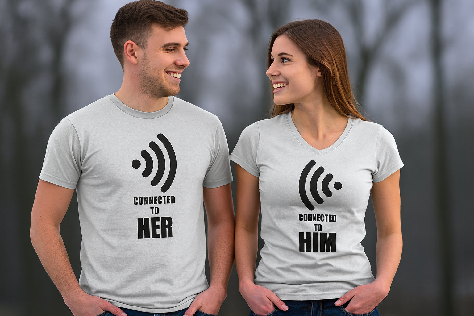 Her Him Wifi Connected To Her Couple T Shirt