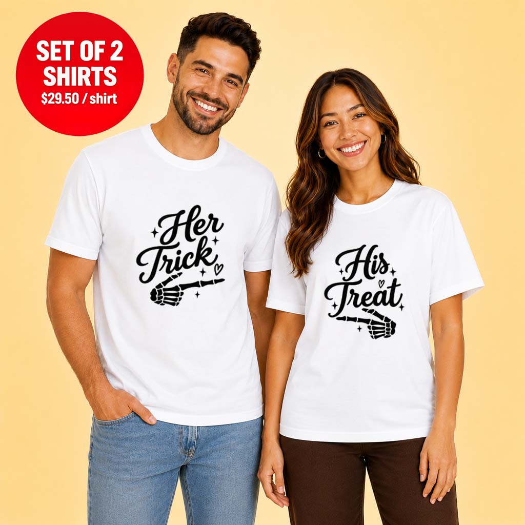 Her Trick His Treat Halloween Matching Couple Tee