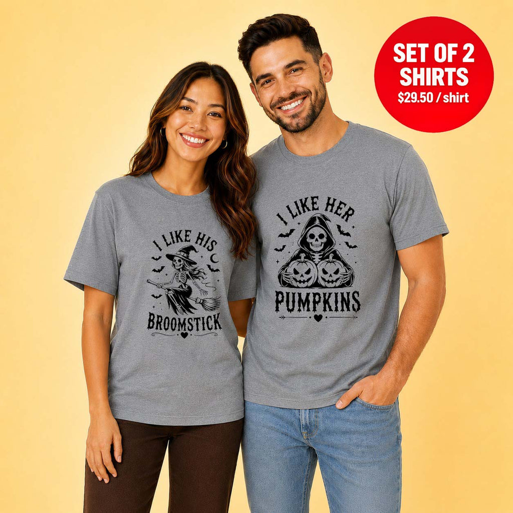 I Like His Broomstick I Like Her Pumpkins Couple Matching T-Shirt