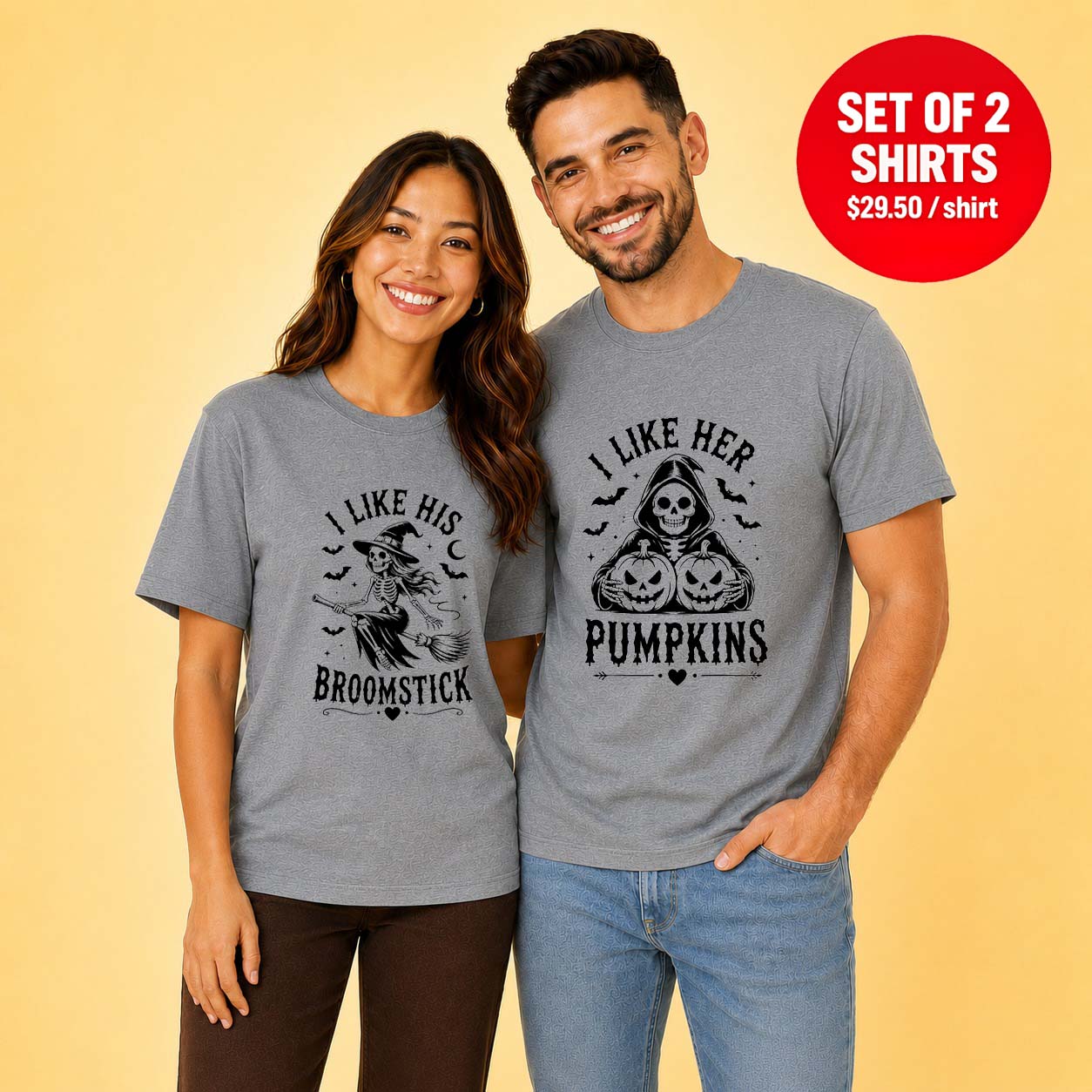I Like His Broomstick I Like Her Pumpkins Couple Matching T-Shirt