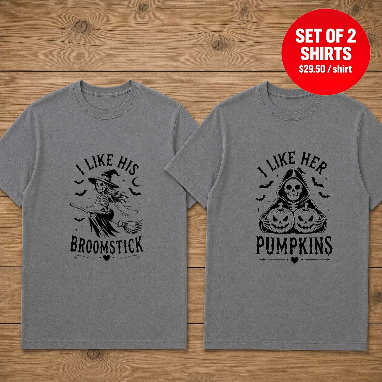 I Like His Broomstick I Like Her Pumpkins Couple Matching T-Shirt
