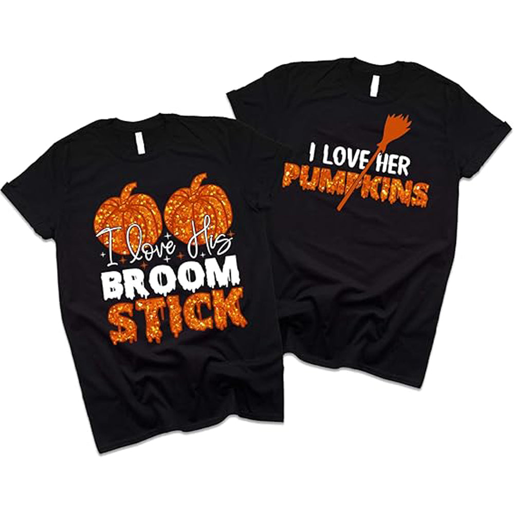 I Love His Broom Stick I Love Her Pumpkins, Halloween Couple T-Shirt