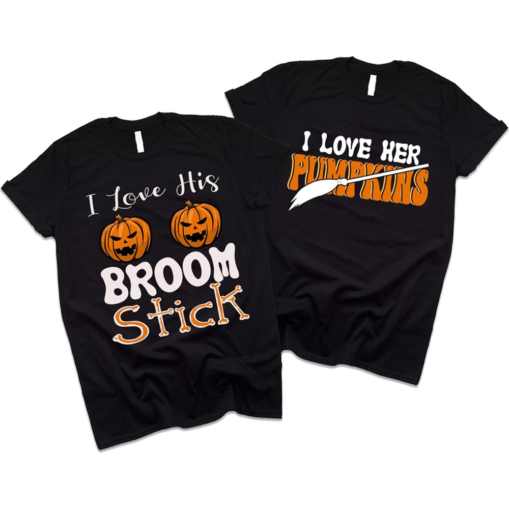 I Love His Broom Stick I Love Her Pumpkins, Halloween Couple T-Shirts