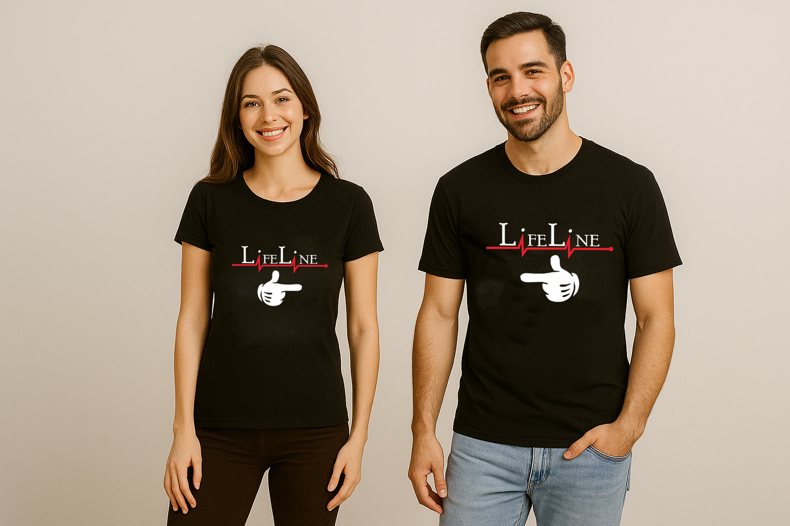 Lifeline Black Color Couple T Shirt