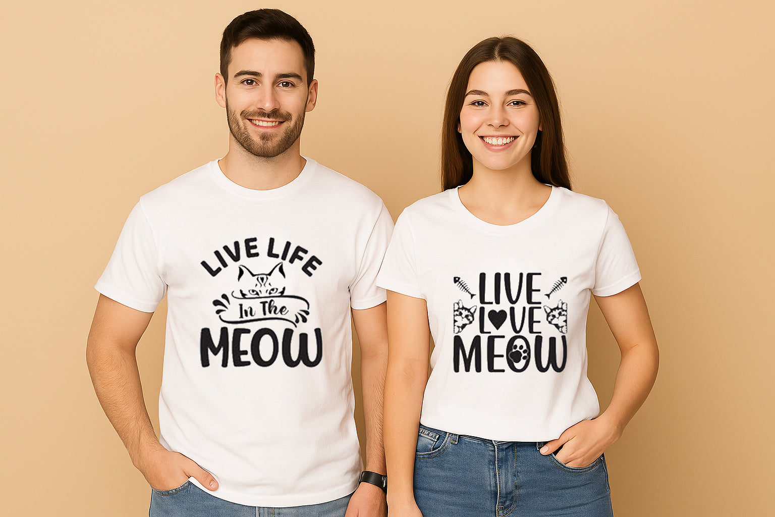 Live Life Meow Couple T Shirt