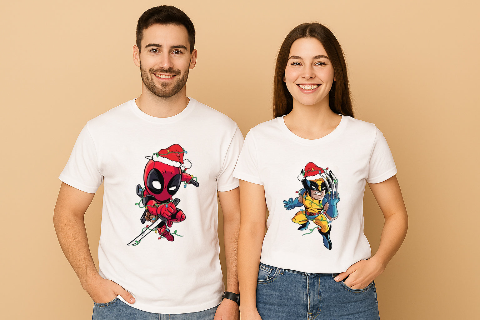 Marvel Deadpool & Wolverine Christmas Lights Couple T Shirt