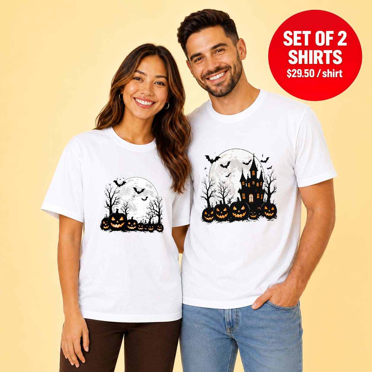 Spooky Pumpkin and Haunted House Matching T-Shirt