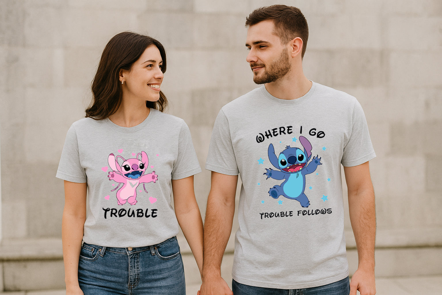 Stitch Angel Where I Go Trouble Follow Valentine Couple T-Shirt