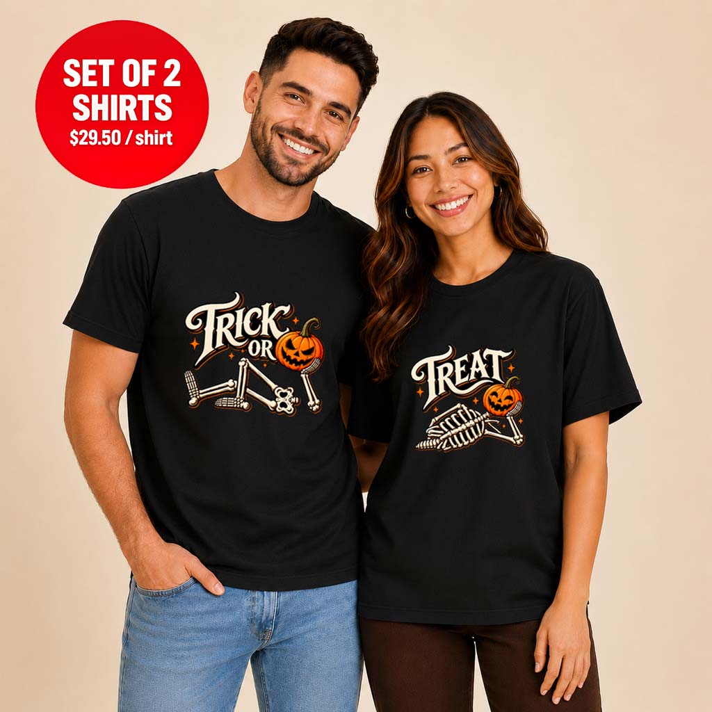 Trick Or Treat Skeleton Pumpkin Halloween Couple Tee
