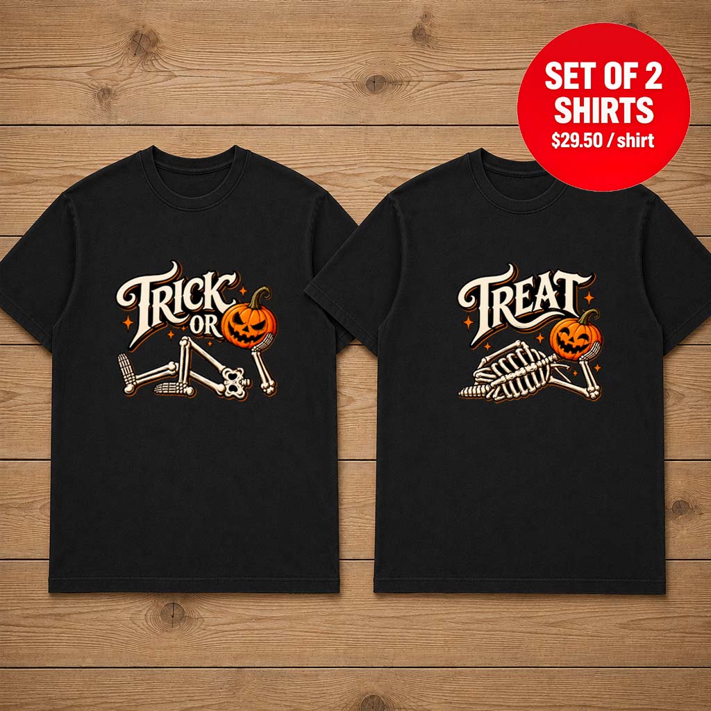 Trick Or Treat Skeleton Pumpkin Halloween Couple Tee