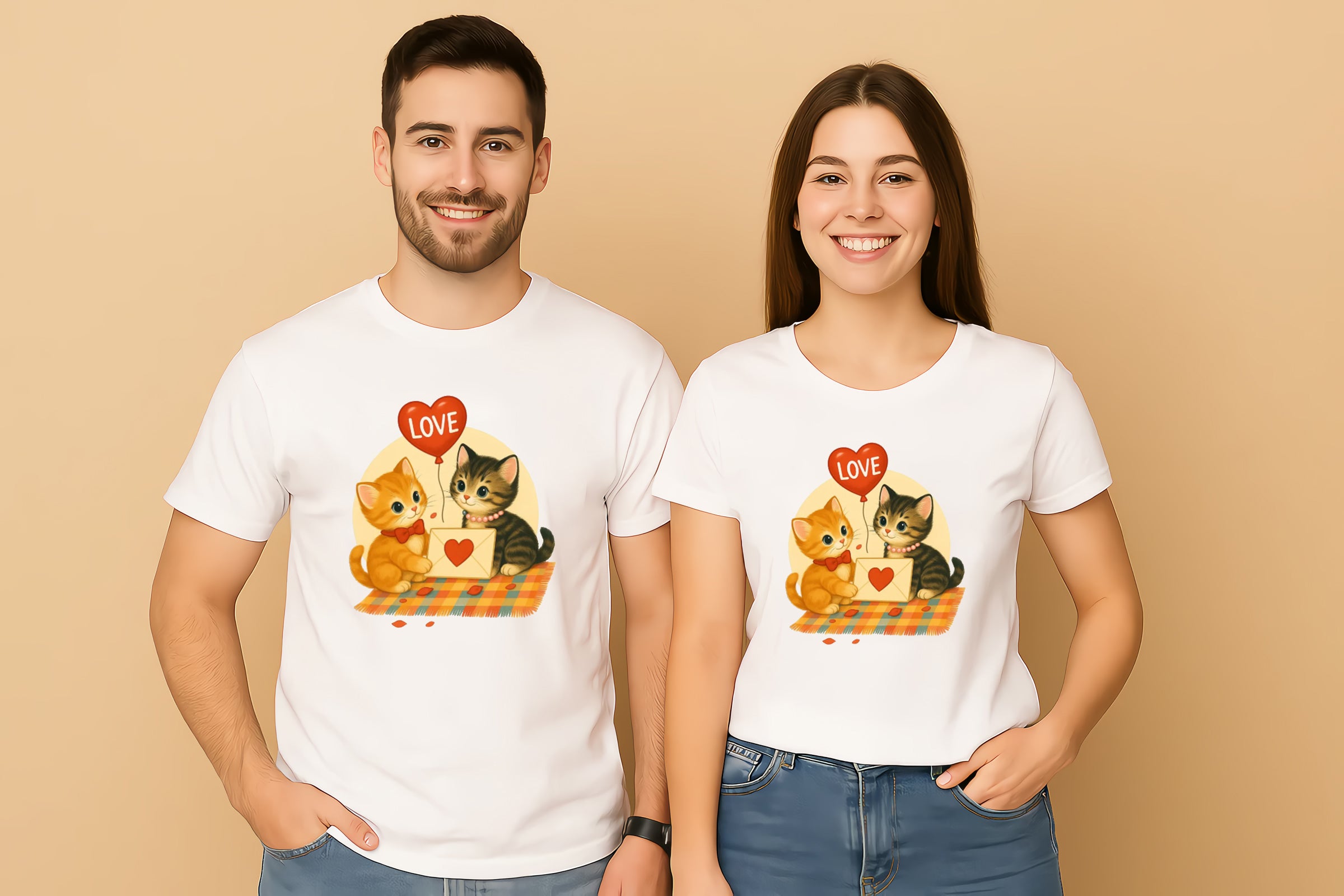 Vintage Style Kitten Valentine Couple T-Shirt
