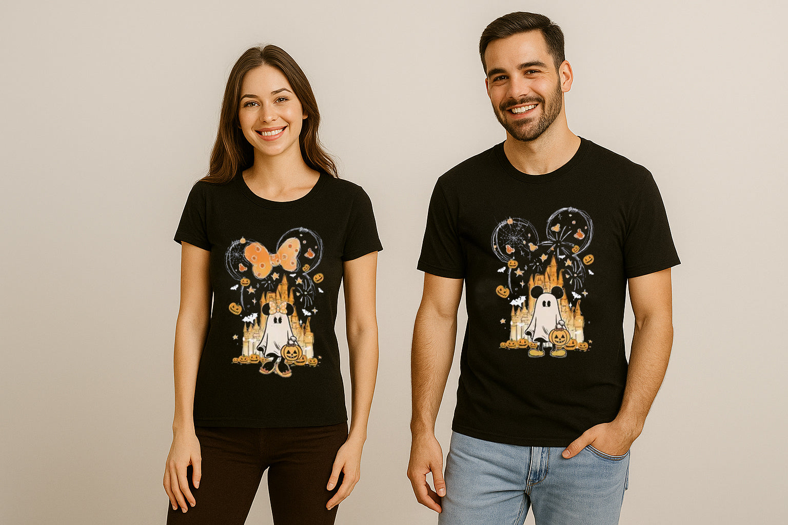 Watercolor Castle Halloween Couple T-Shirt