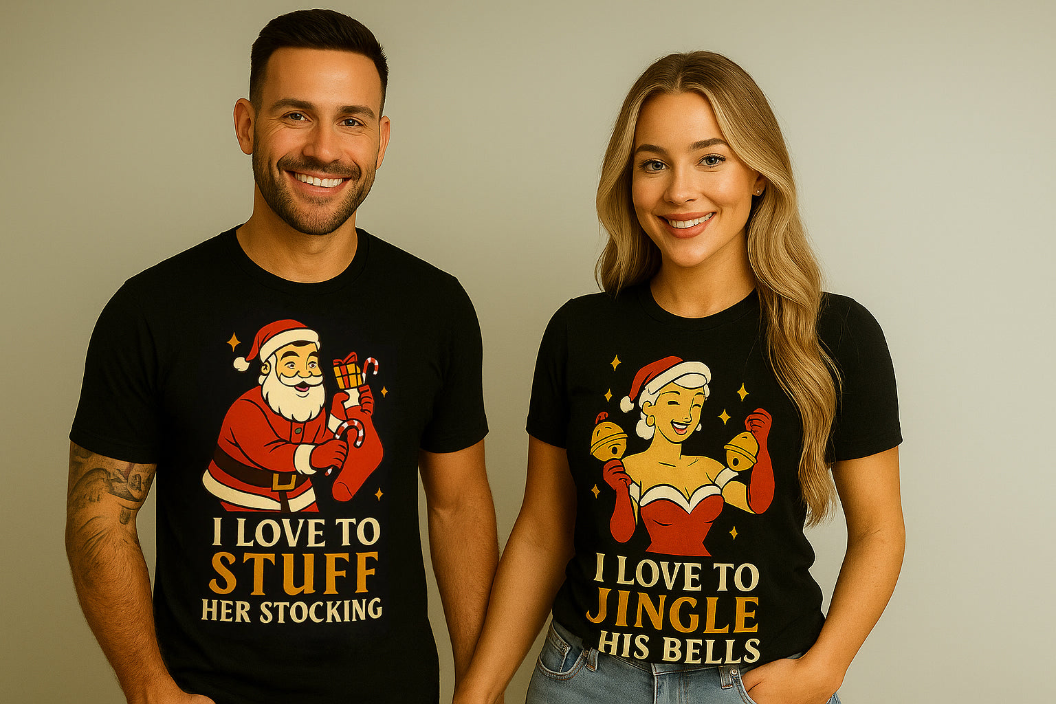 I love to stuff her stocking I love to jingle his bells couple t-shirt
