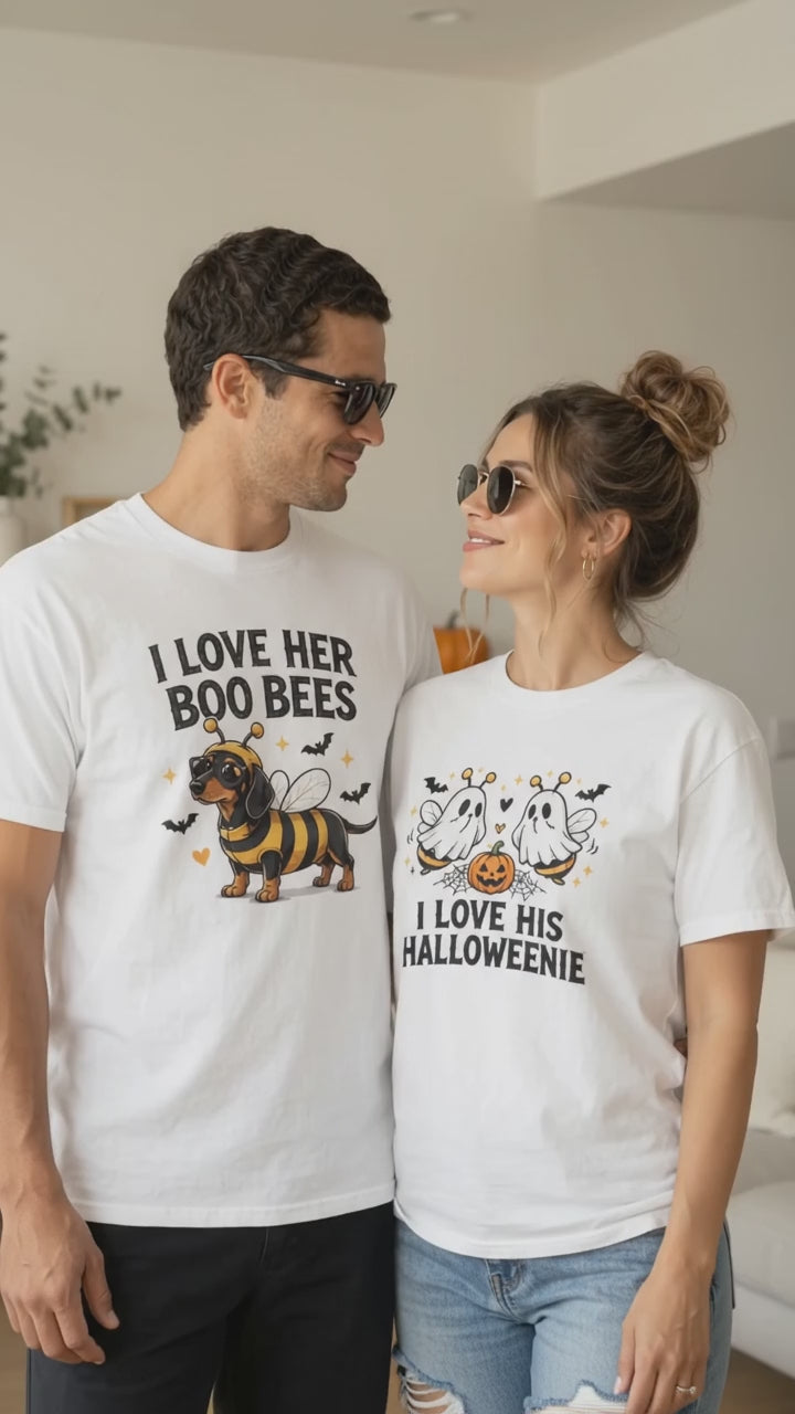 I Love Her Boo Bees I Love His Halloweenie Matching Tee