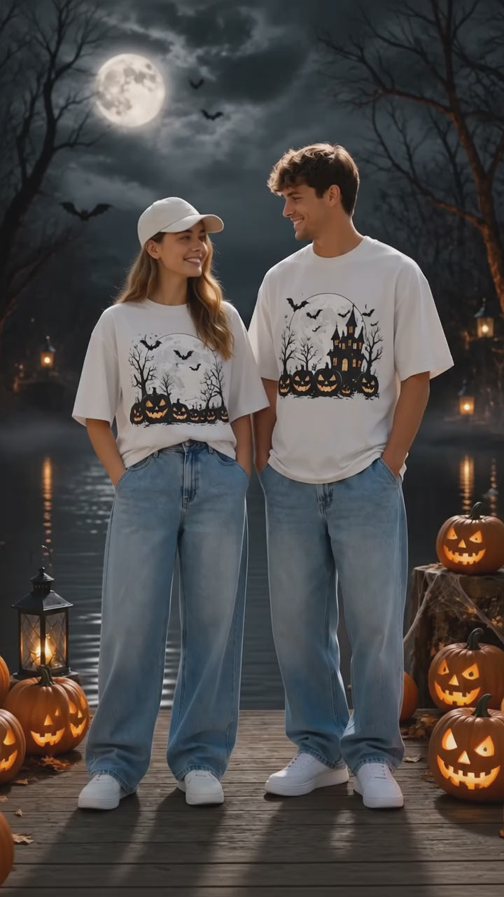 Spooky Pumpkin and Haunted House Matching T-Shirt