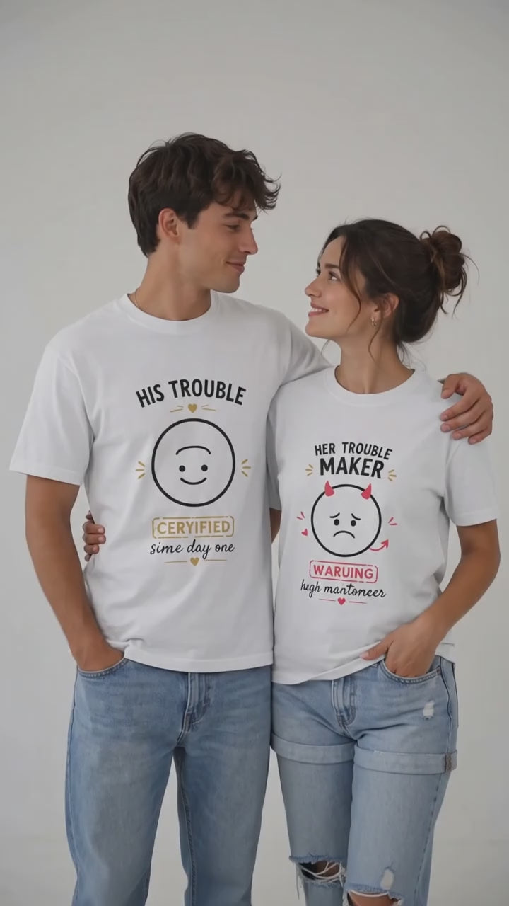 His Trouble Certified Since Day One Her Trouble Maker Warning High Maintenance Couple Matching T-Shirts