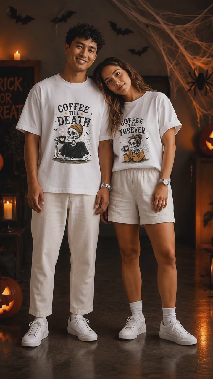 Coffee Till Death Coffee Till Forever Skeleton Halloween Couple Matching T-Shirt