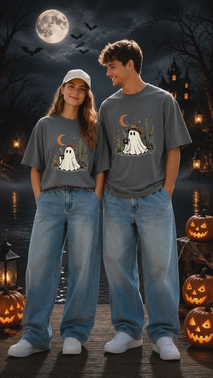 Crescent moon Cactus Ghost Couple Matching T-Shirt