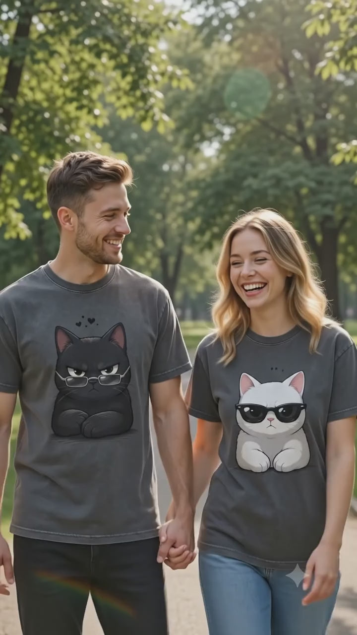 Black And White Cats With Glasses Couple Matching T-Shirts