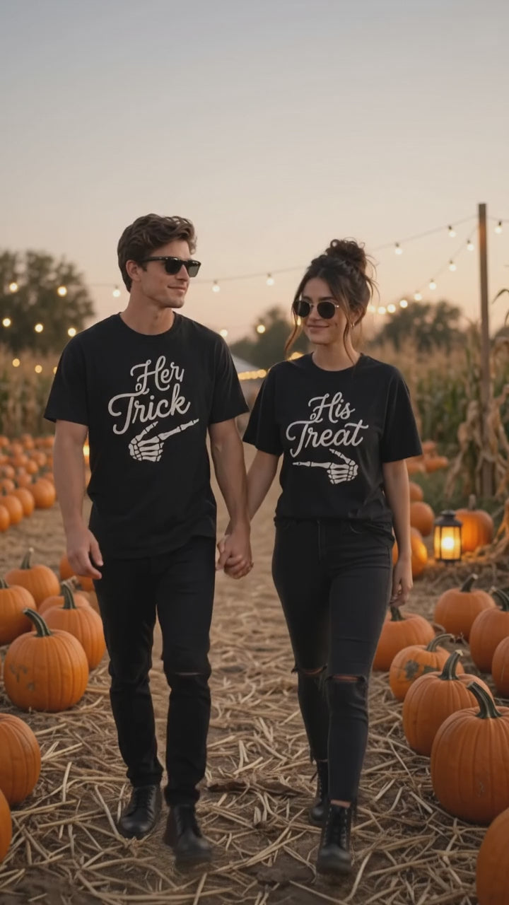 Her Trick His Treat Halloween Matching Couple Tee