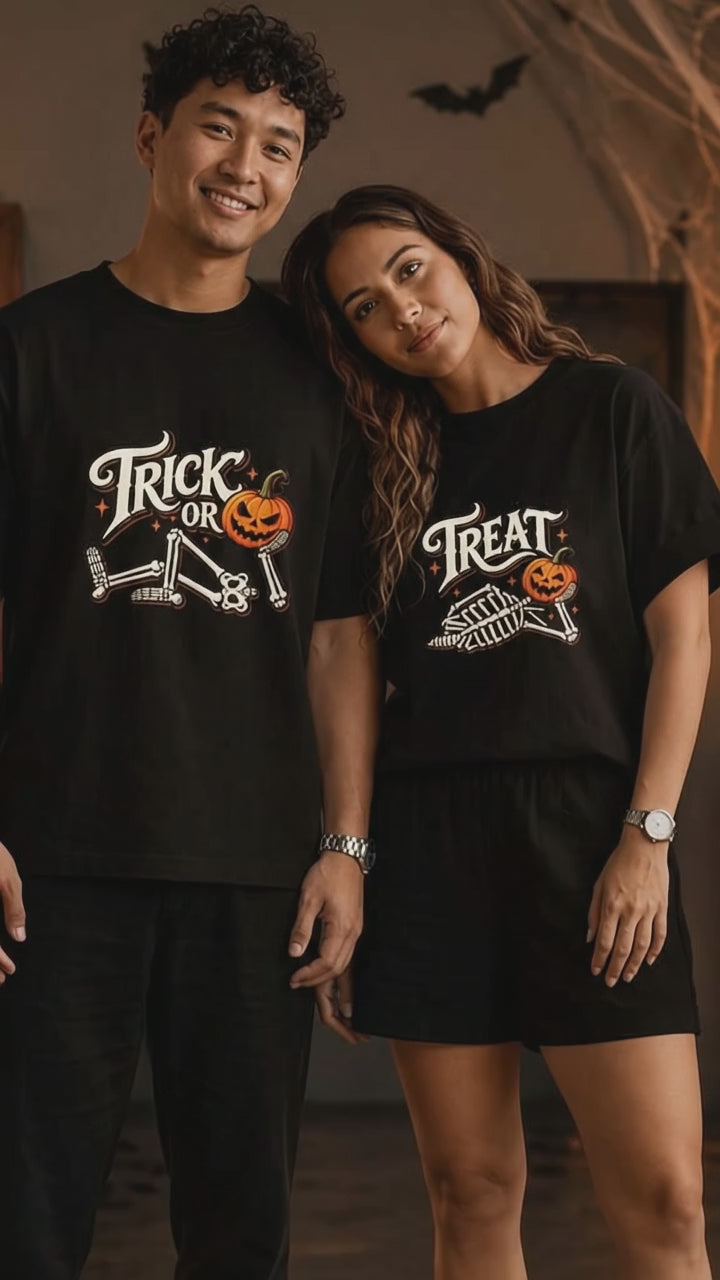 Trick Or Treat Skeleton Pumpkin Halloween Couple Tee