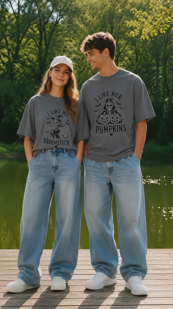 I Like His Broomstick I Like Her Pumpkins Couple Matching T-Shirt